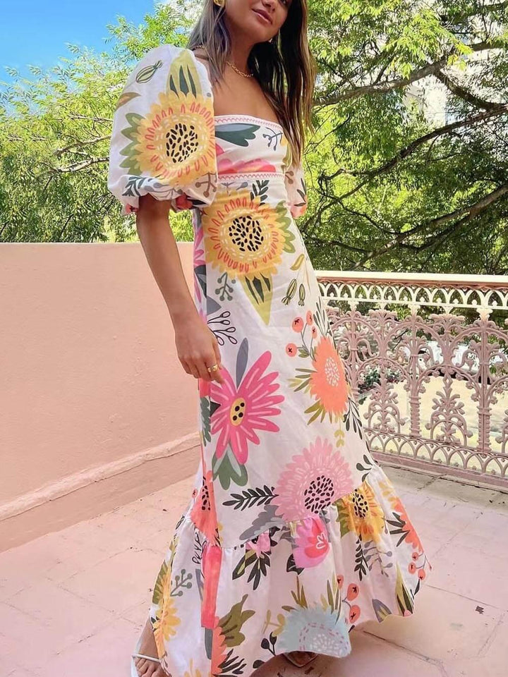 Magdalena | Rochie maxi de vară cu flori și decolteu pătrat