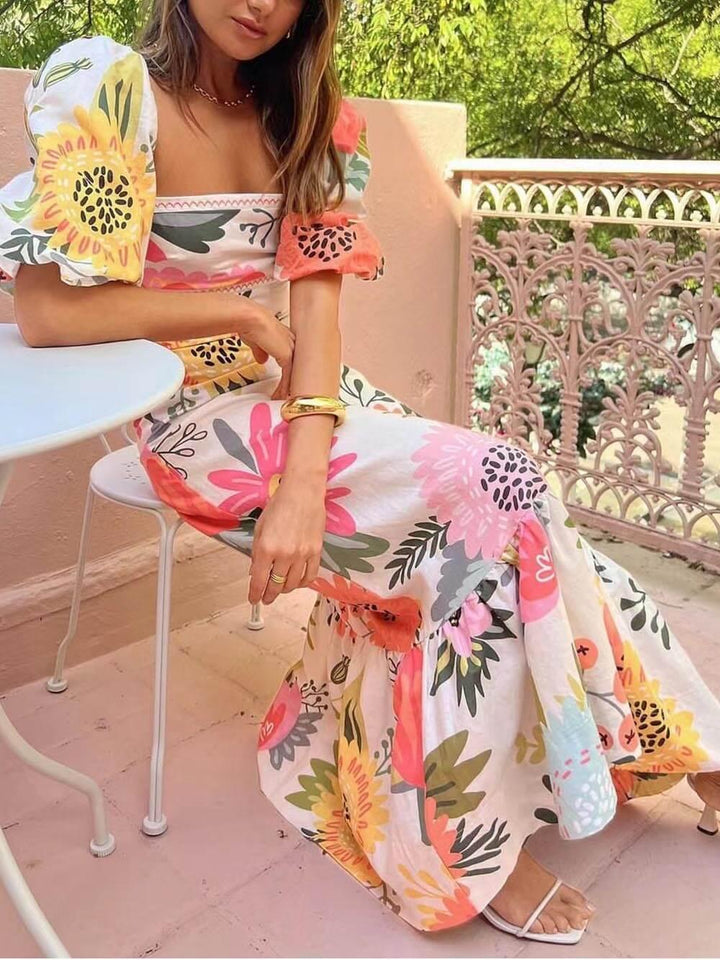 Magdalena | Rochie maxi de vară cu flori și decolteu pătrat