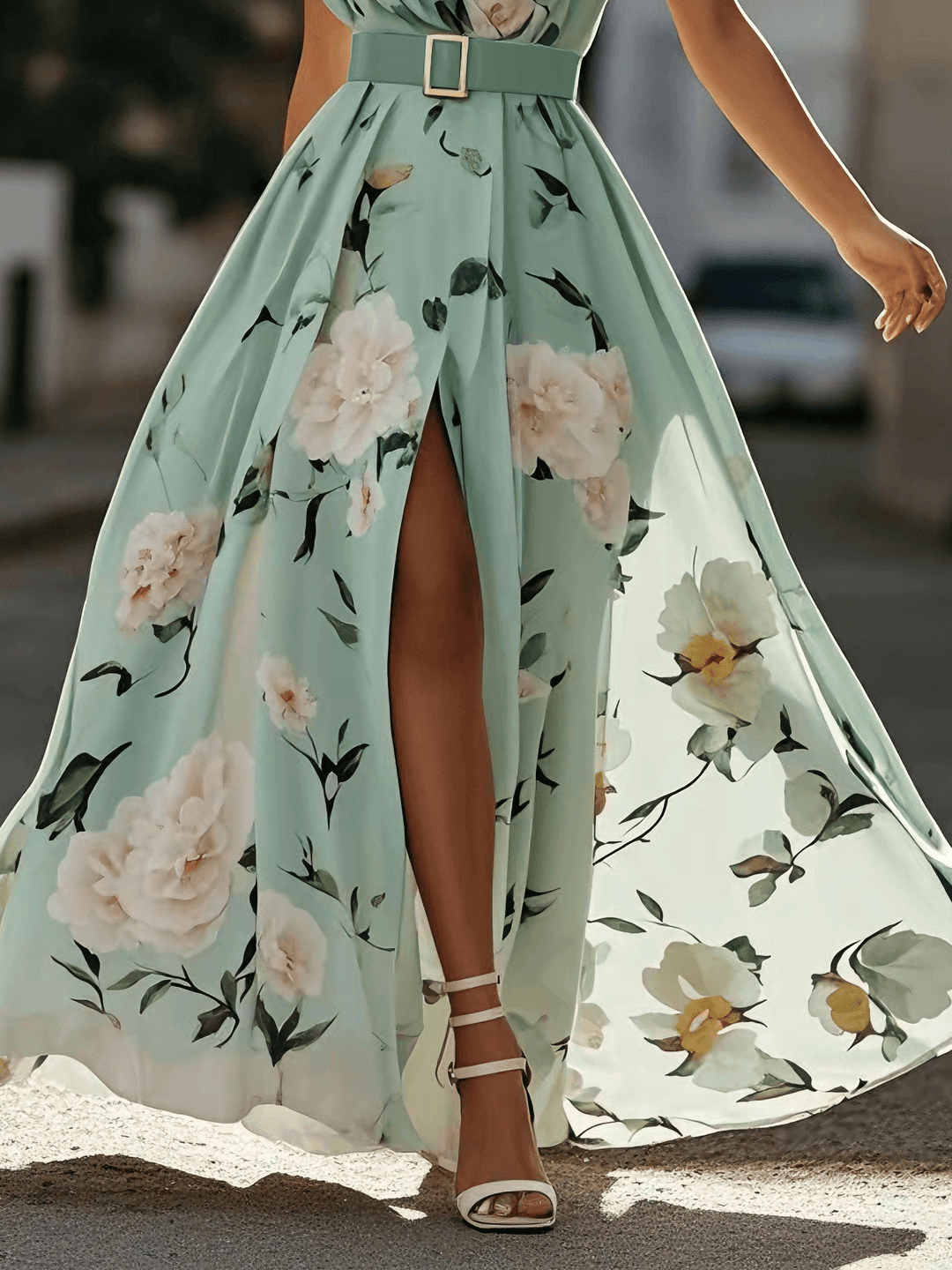 Anna | Rochie Maxi Florală Verde Deschis cu Un Umăr
