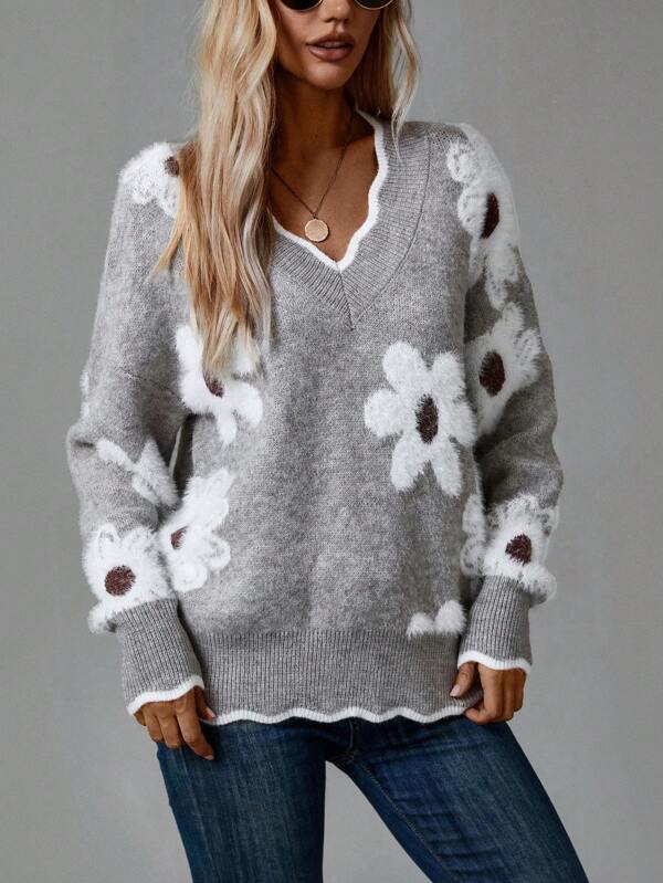 Thea | Pulover floral elegant cu decolteu în V