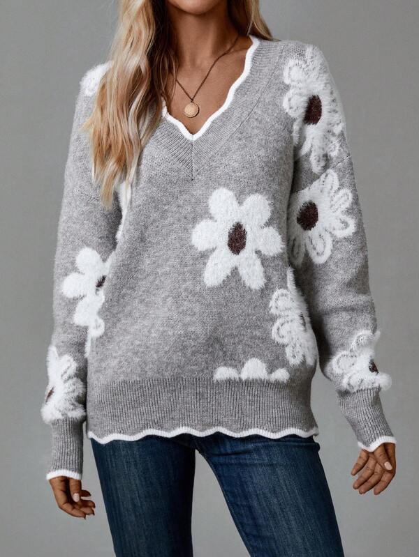 Thea | Pulover floral elegant cu decolteu în V