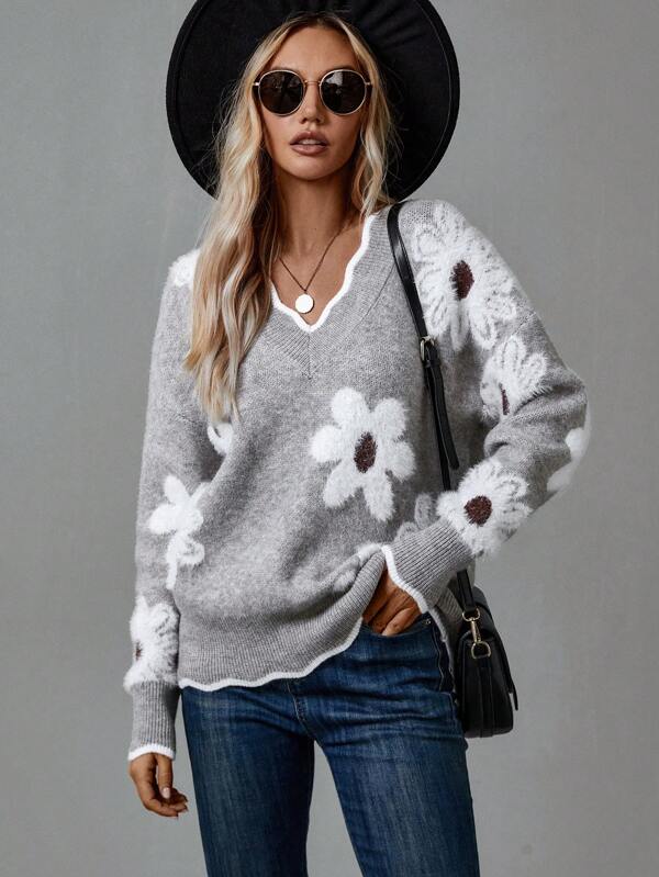 Thea | Pulover floral elegant cu decolteu în V