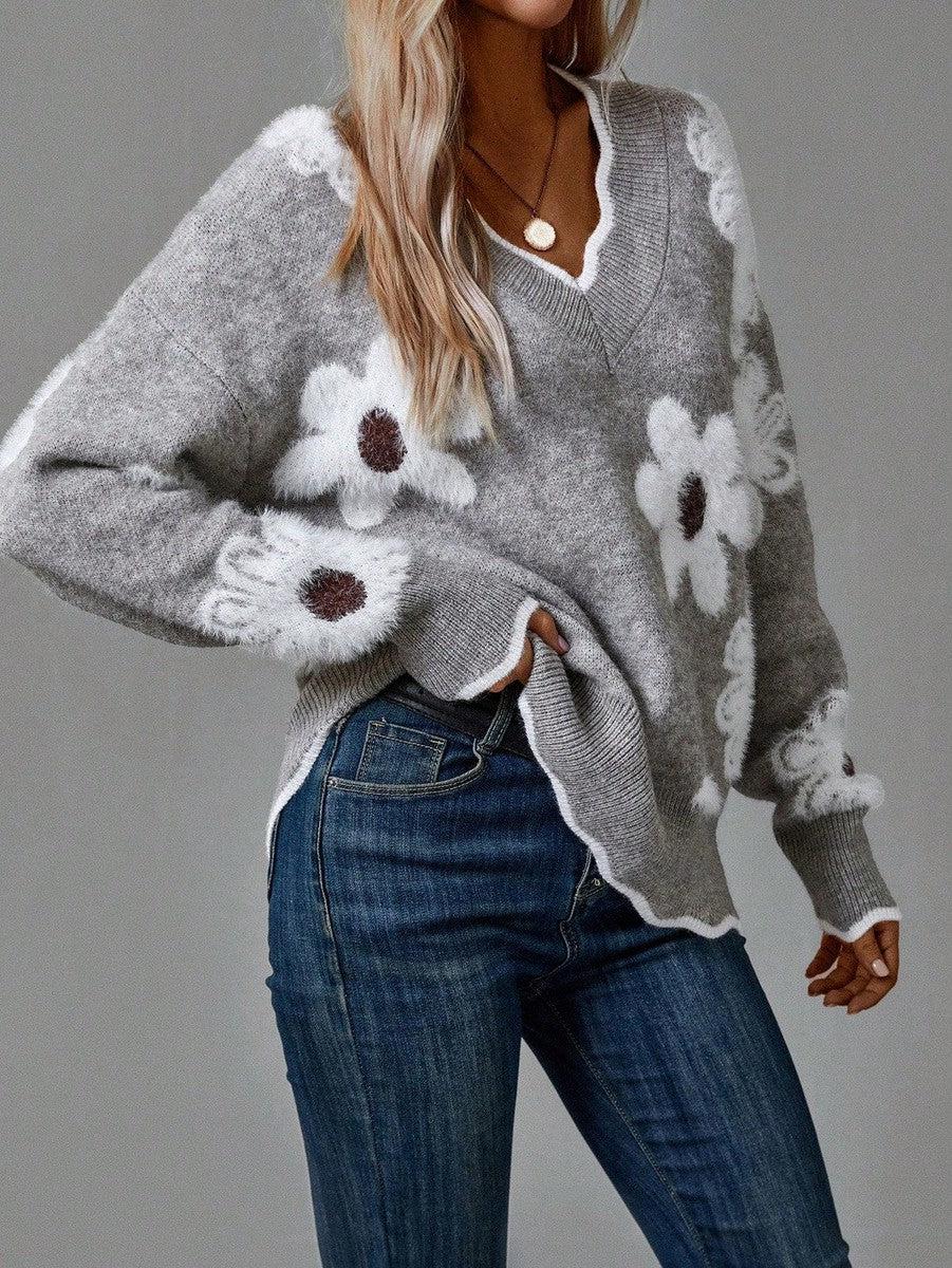 Thea | Pulover floral elegant cu decolteu în V