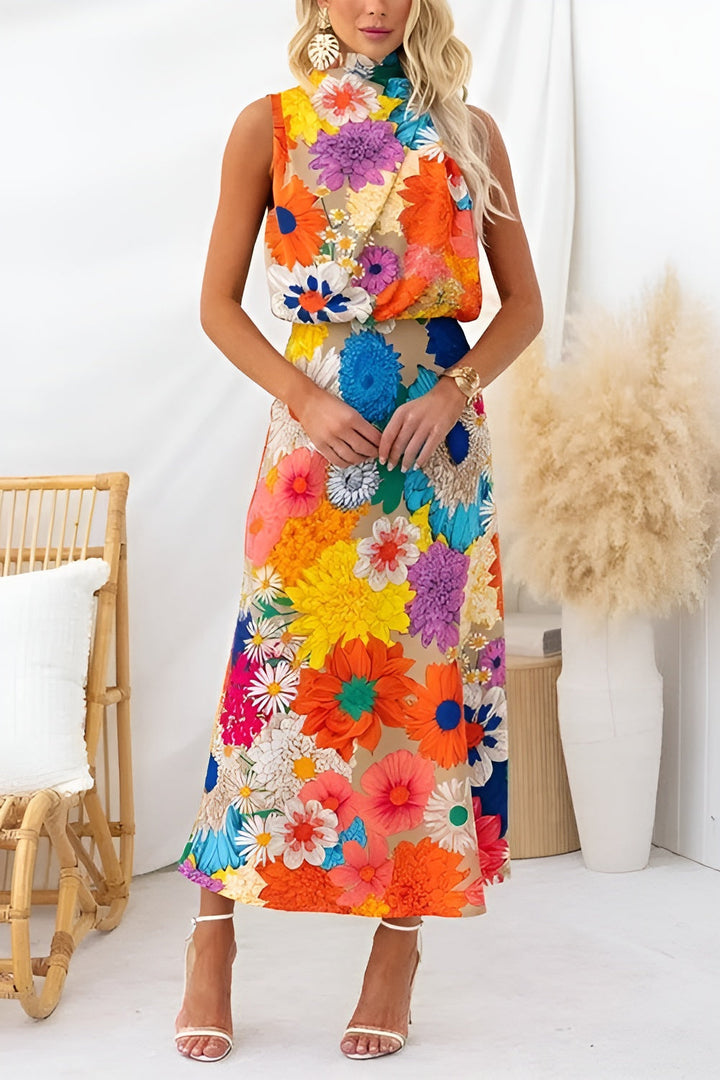 Katarzyna | Rochie maxi florală fără mâneci, cu legătură la gât și în talie