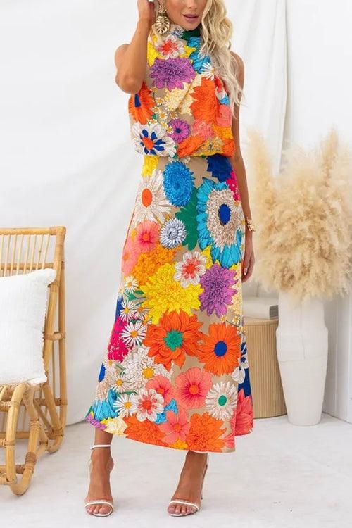 Katarzyna | Rochie maxi florală fără mâneci, cu legătură la gât și în talie