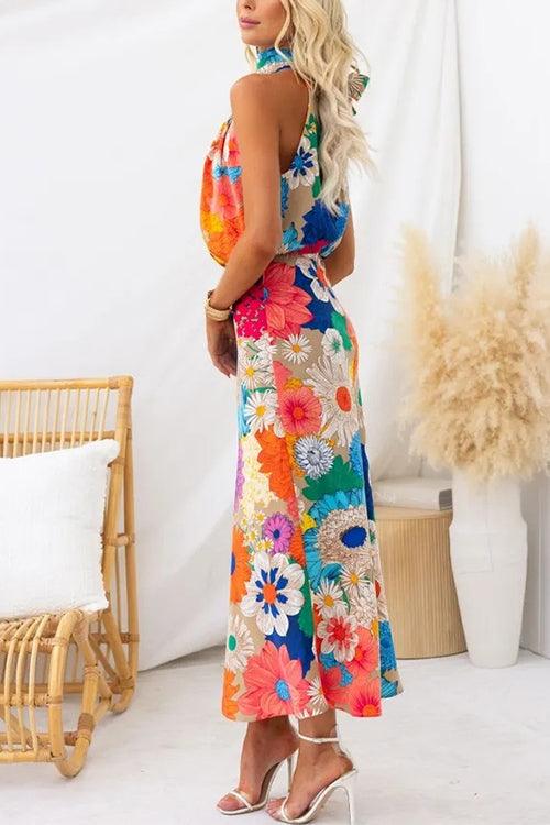 Katarzyna | Rochie maxi florală fără mâneci, cu legătură la gât și în talie