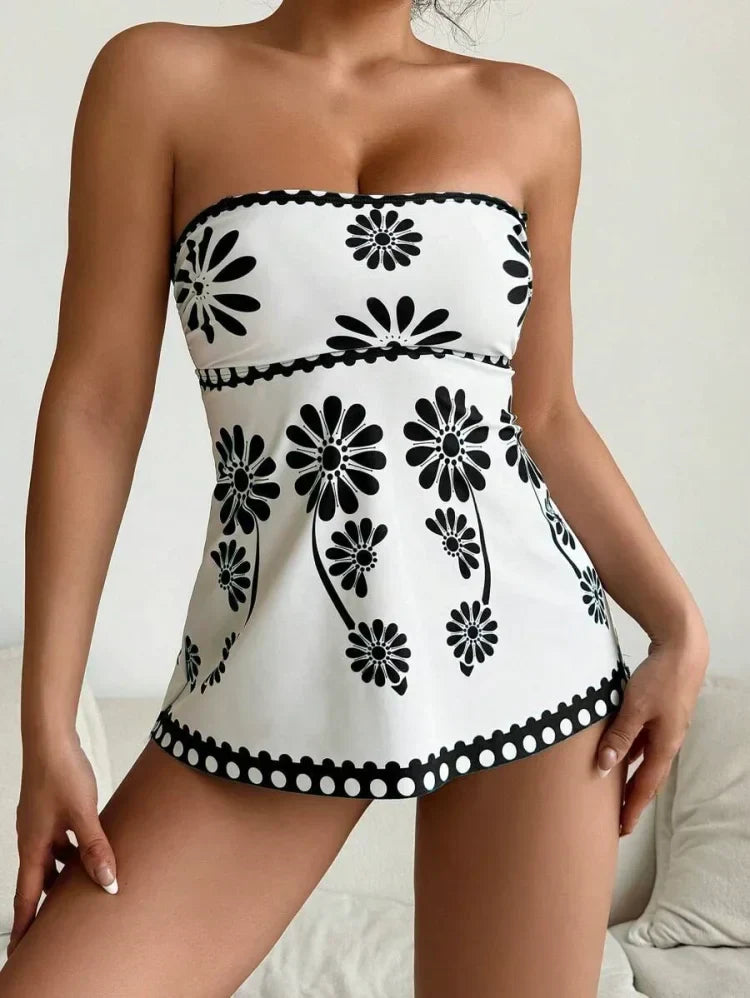 Margarita | Set tankini cu imprimeu de margarete care acoperă abdomenul