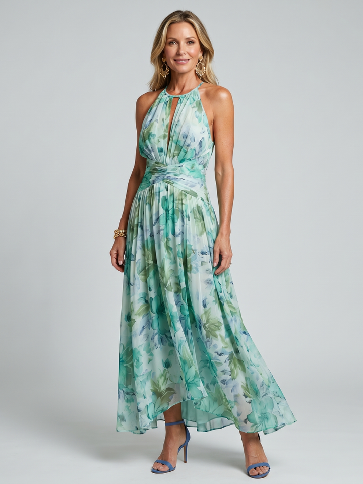 Victoria | Rochie Midi cu Model Floral, Plisată și Decolteu la Gât
