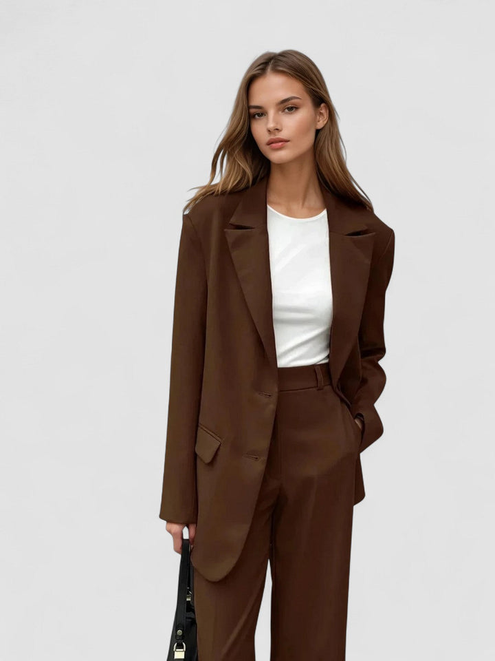 Sacou vintage coordonat mocha și pantaloni cu picioare largi