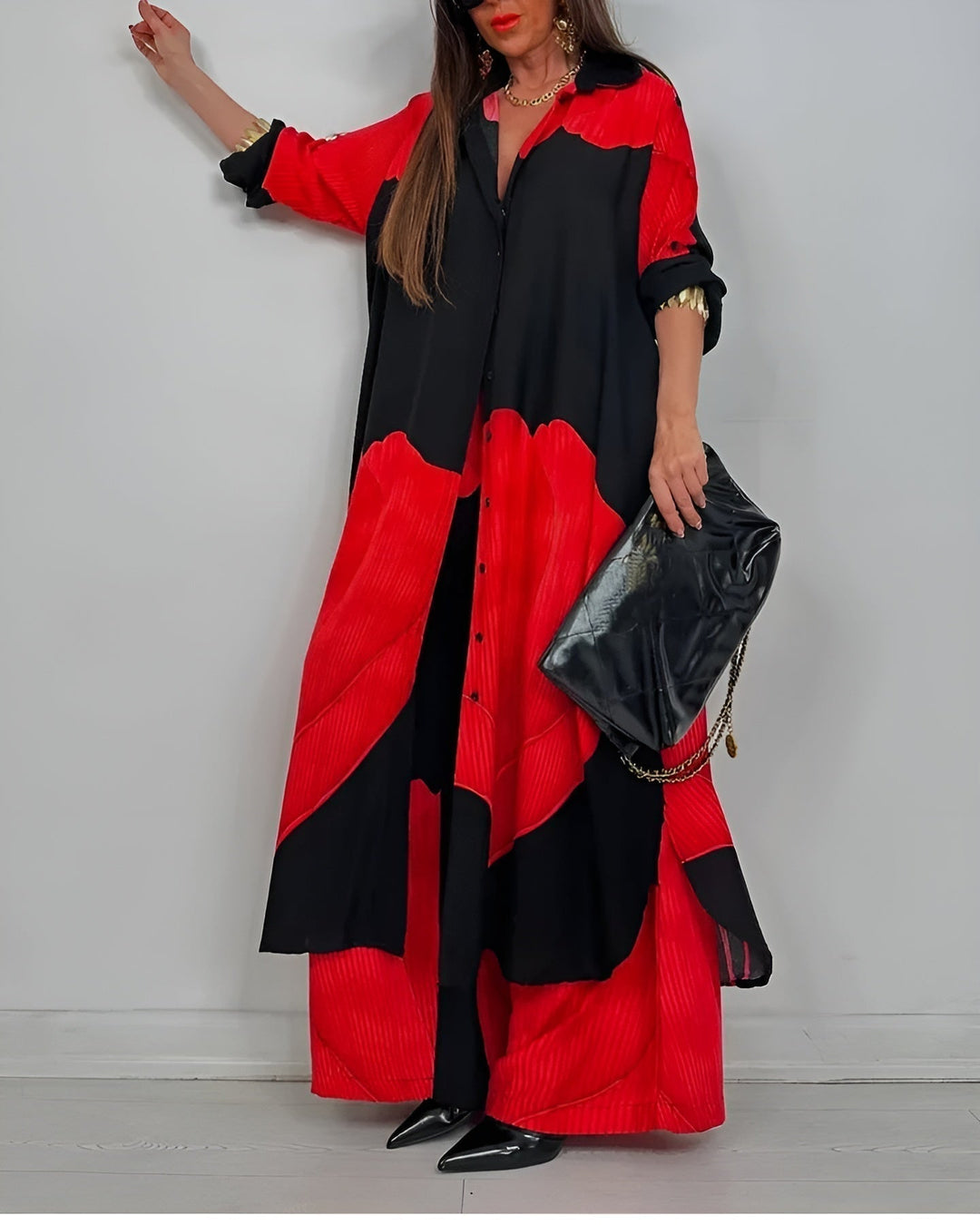 ISABEAU – SET TOP CU PRINT PATCHWORK TENDENȚĂ ȘI PANTALONI LARGI