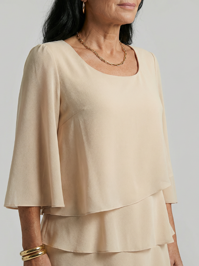 Zita | Rochie Midi Stratificată cu Mâneci Clopot