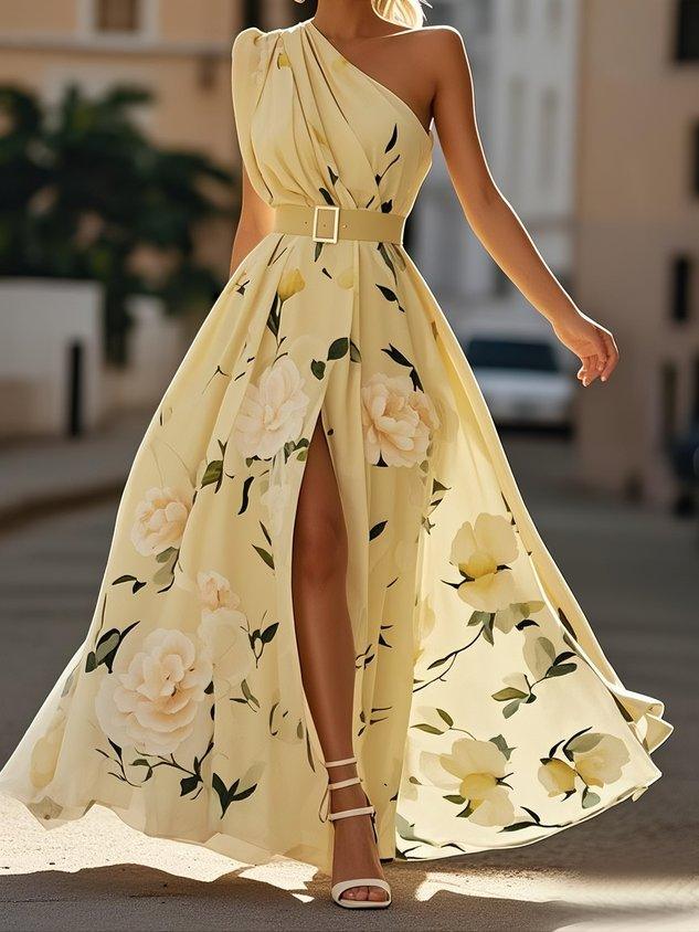 Anna | Rochie Maxi Florală Verde Deschis cu Un Umăr