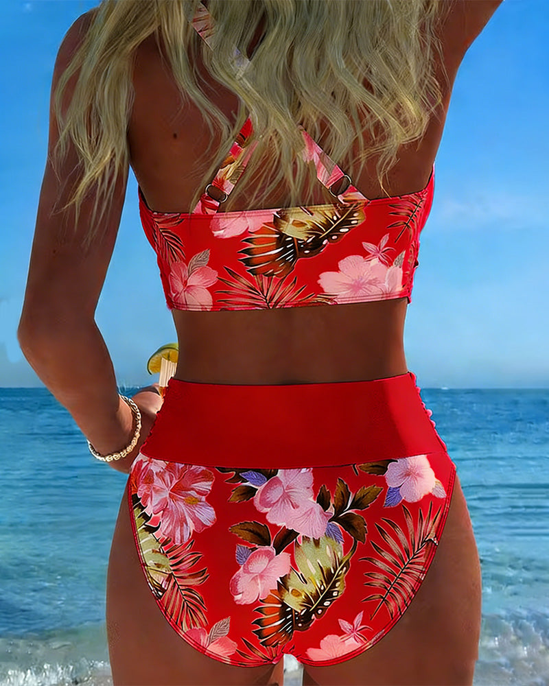 Costum de baie cu imprimeu floral contrastant și deschidere