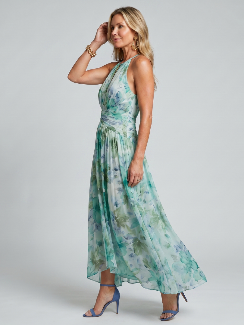 Victoria | Rochie Midi cu Model Floral, Plisată și Decolteu la Gât