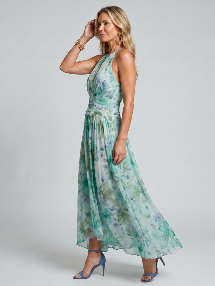 Victoria | Rochie Midi cu Model Floral, Plisată și Decolteu la Gât