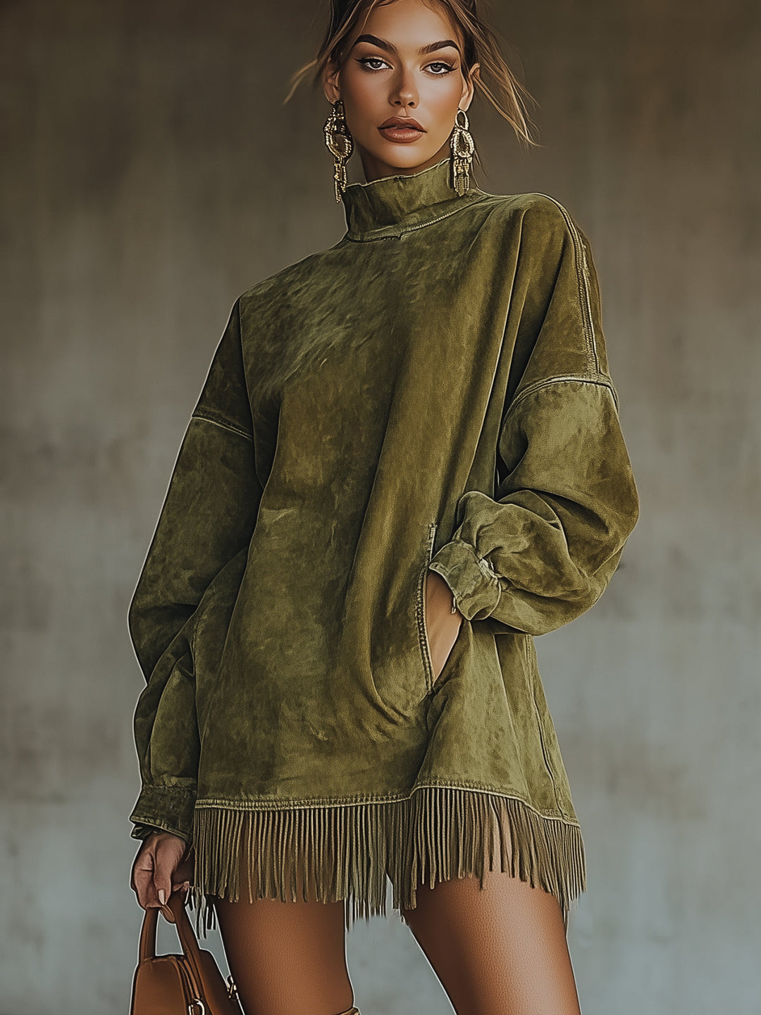 Patricia – rochie elegantă din velur cu guler înalt și franjuri
