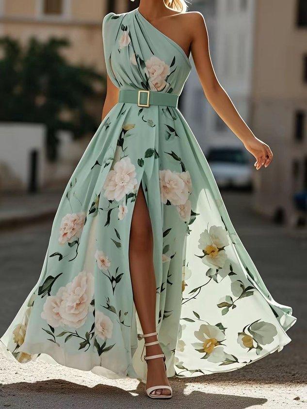 Anna | Rochie Maxi Florală Verde Deschis cu Un Umăr