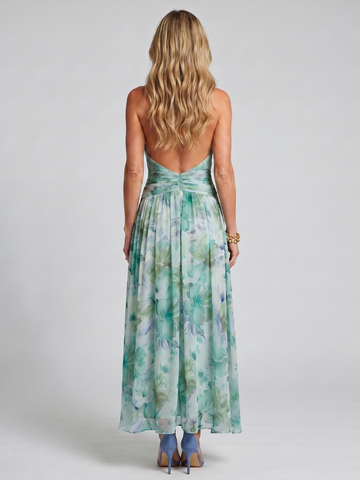Victoria | Rochie Midi cu Model Floral, Plisată și Decolteu la Gât