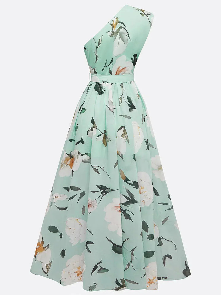 Anna | Rochie Maxi Florală Verde Deschis cu Un Umăr
