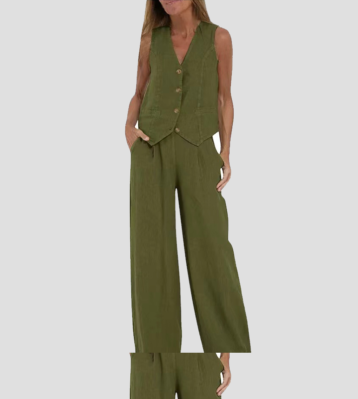 Jessica - Set Vestă cu Nasturi și Pantaloni Largi