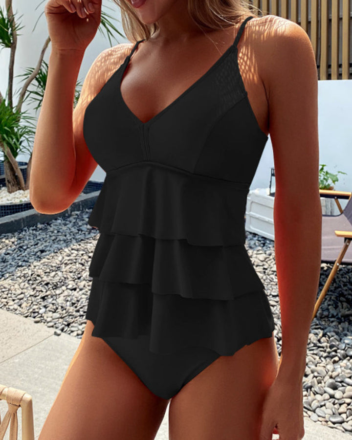 Lia – Costum de Baie Solid cu Volane Elegante