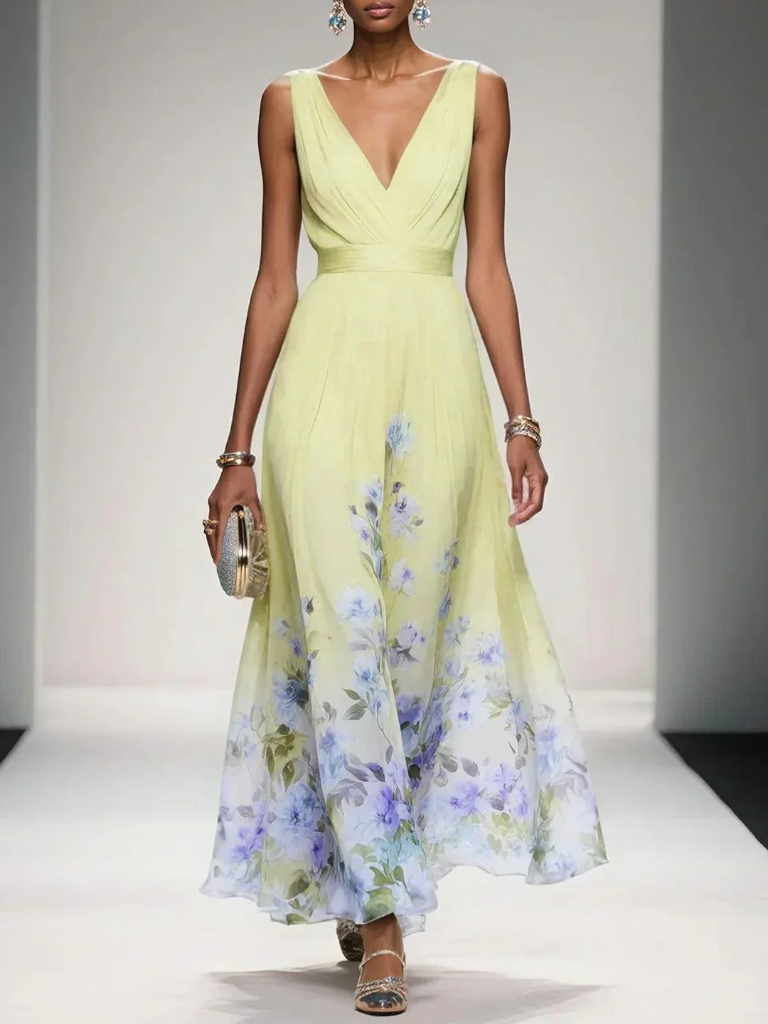 Roza | Rochie Maxi din Chiffon Albăstrie cu Decolteu în Formă de Sere