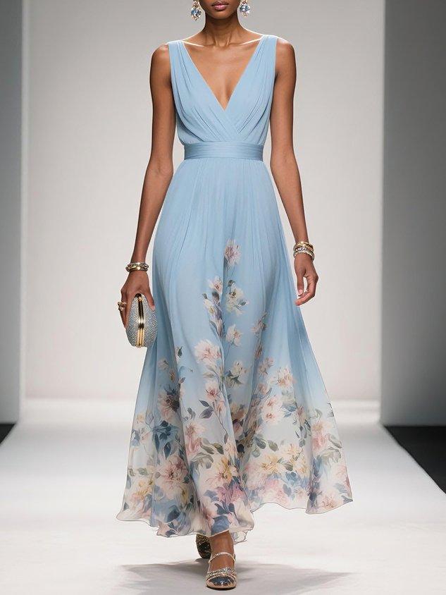 Roza | Rochie Maxi din Chiffon Albăstrie cu Decolteu în Formă de Sere