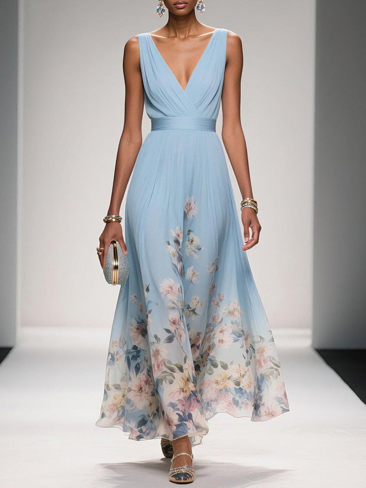Roza | Rochie Maxi din Chiffon Albăstrie cu Decolteu în Formă de Sere