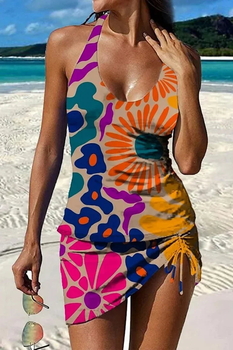 Fiesta | Set de tankini floral cu grafic care acoperă abdomenul
