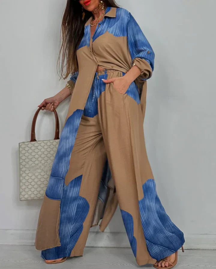 ISABEAU – SET TOP CU PRINT PATCHWORK TENDENȚĂ ȘI PANTALONI LARGI