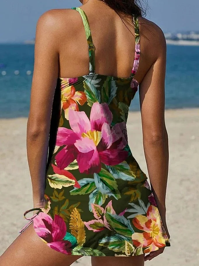 Fiesta | Set de tankini floral cu grafic care acoperă abdomenul