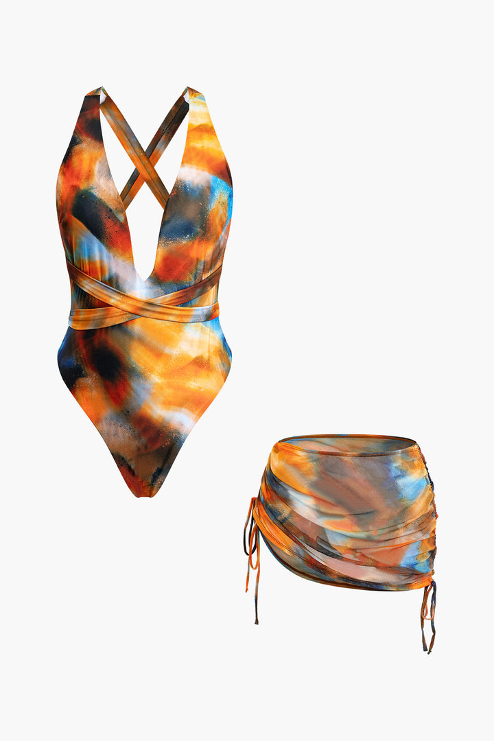 Siena | Set costum de baie cu croială încrucișată și pareo cu acuarelă