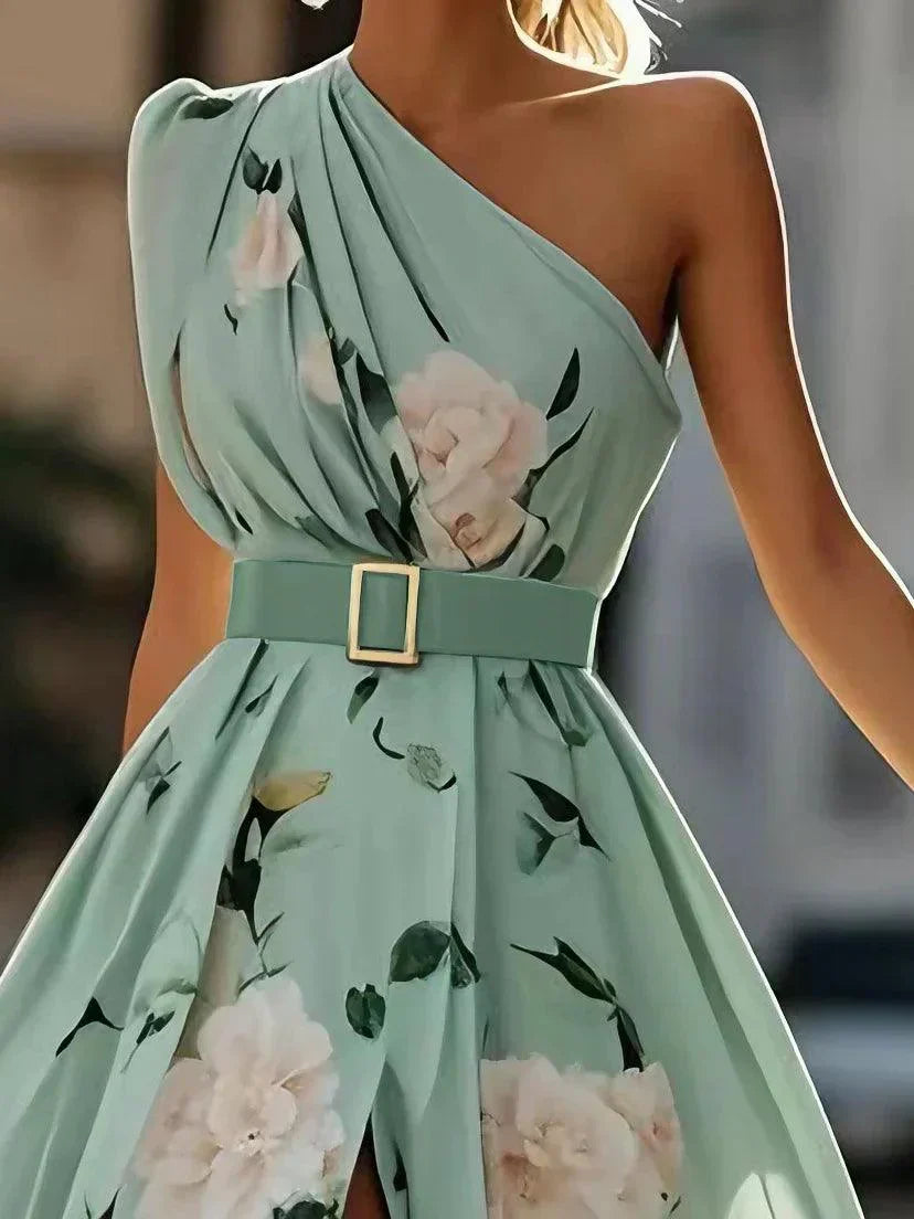 Anna | Rochie Maxi Florală Verde Deschis cu Un Umăr