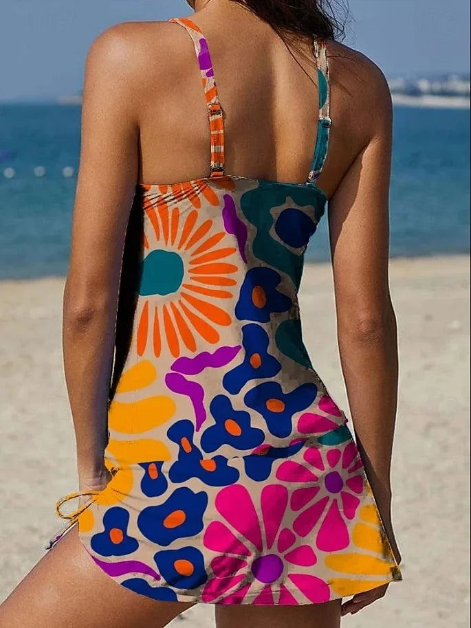 Fiesta | Set de tankini floral cu grafic care acoperă abdomenul