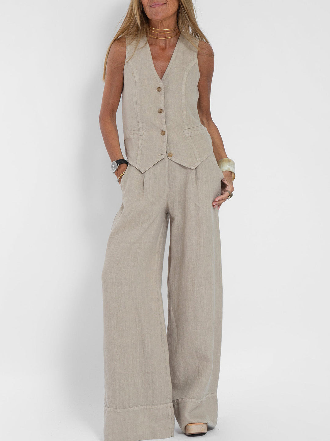 Jessica - Set Vestă cu Nasturi și Pantaloni Largi