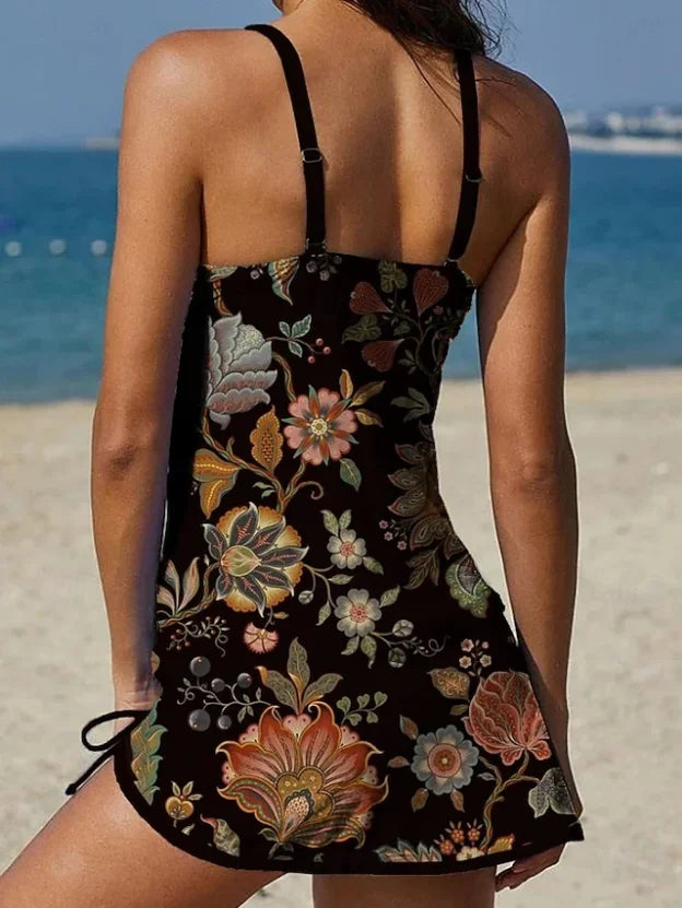 Fiesta | Set de tankini floral cu grafic care acoperă abdomenul