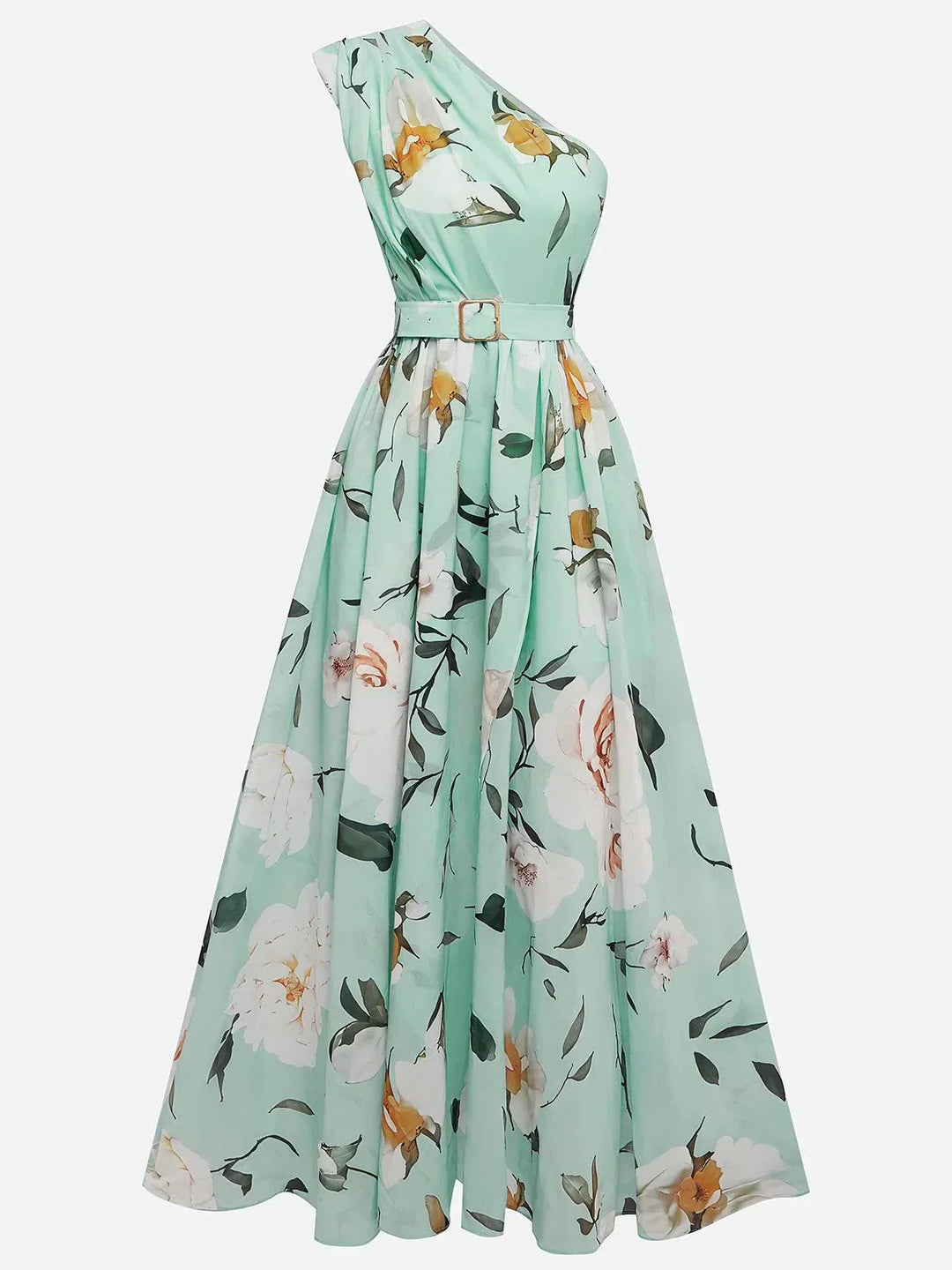 Anna | Rochie Maxi Florală Verde Deschis cu Un Umăr