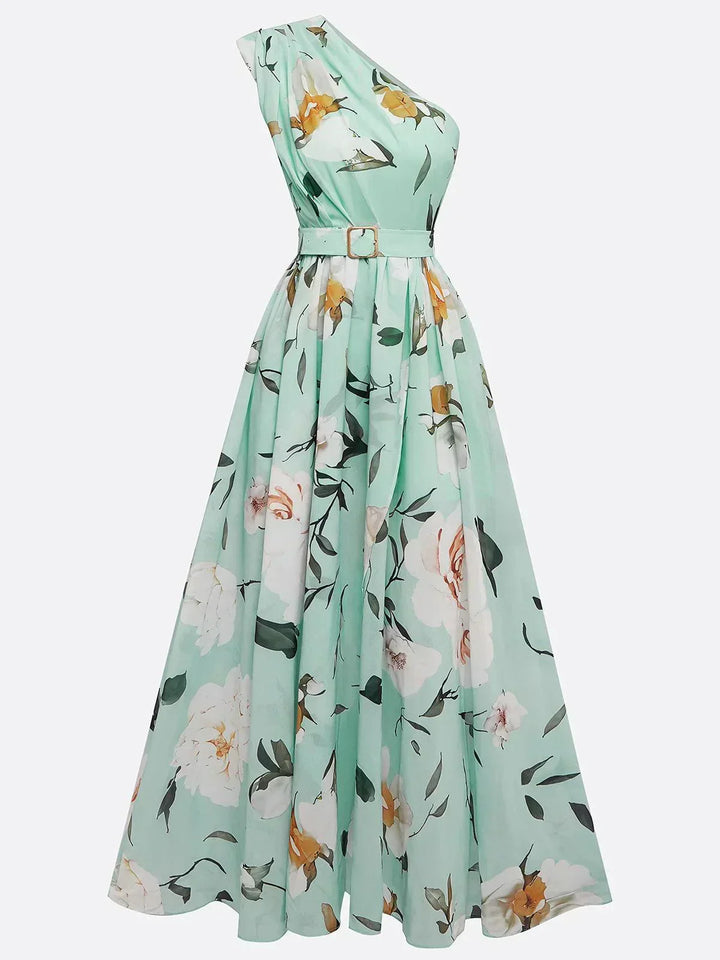 Anna | Rochie Maxi Florală Verde Deschis cu Un Umăr