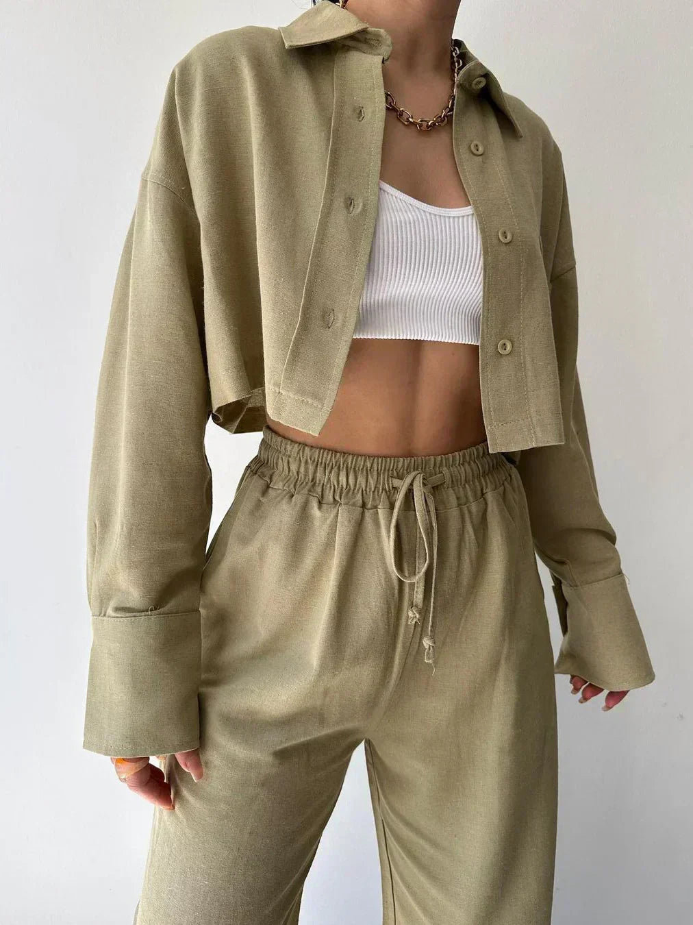 Set de pantaloni din două piese cu guler și șnur, casual