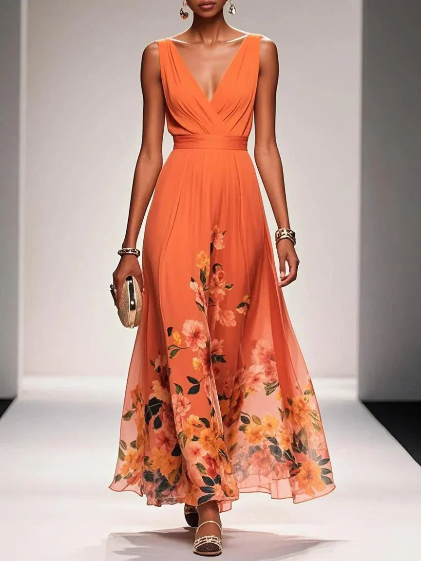 Roza | Rochie Maxi din Chiffon Albăstrie cu Decolteu în Formă de Sere