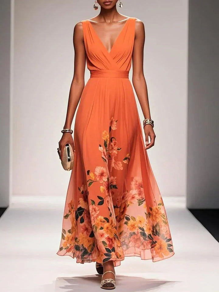 Roza | Rochie Maxi din Chiffon Albăstrie cu Decolteu în Formă de Sere