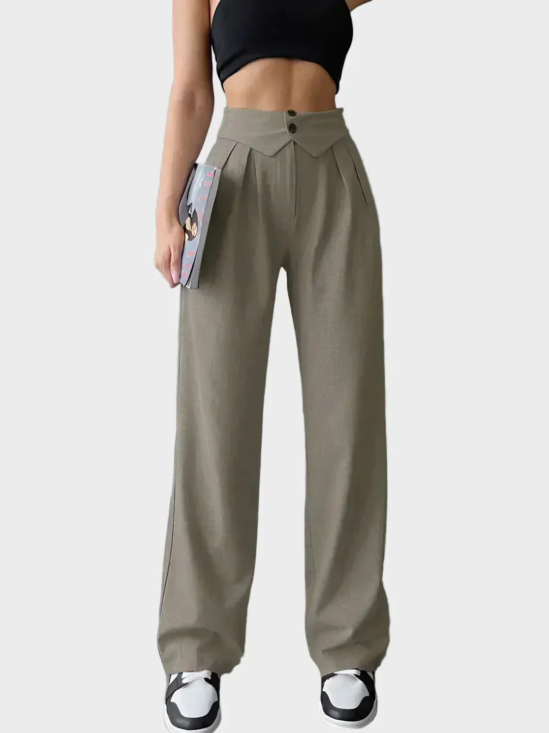 Pantaloni de birou cu talie înfășurată și picior drept
