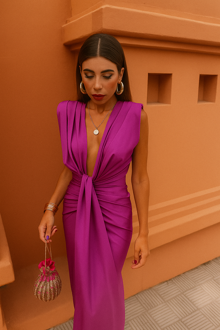 Isla – Rochie Midi de Damă cu Decolteu și Drapaje Elegante