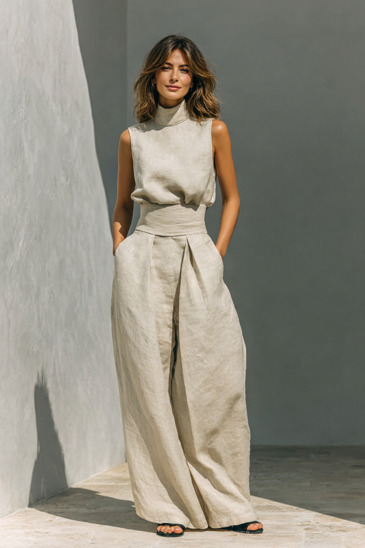 Maria – Set format din top și pantaloni largi din bumbac și in, stil minimalist pentru femei