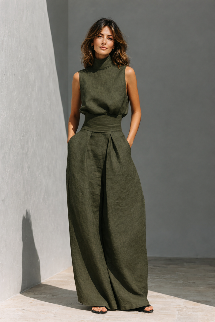 Maria – Set format din top și pantaloni largi din bumbac și in, stil minimalist pentru femei