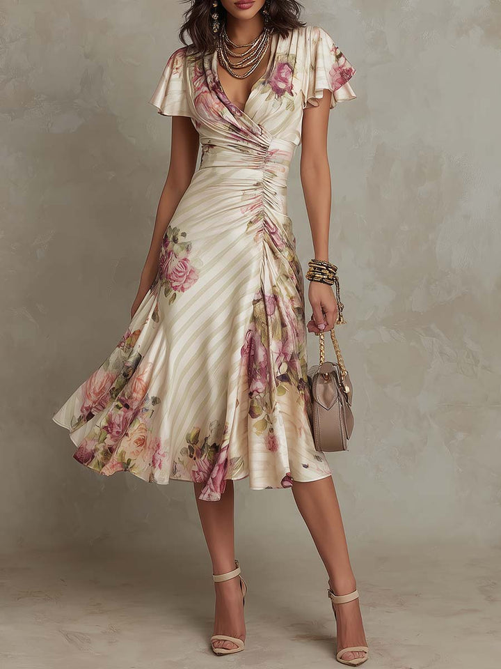 Joanna | Rochie midi satinat cu flori în stil vintage