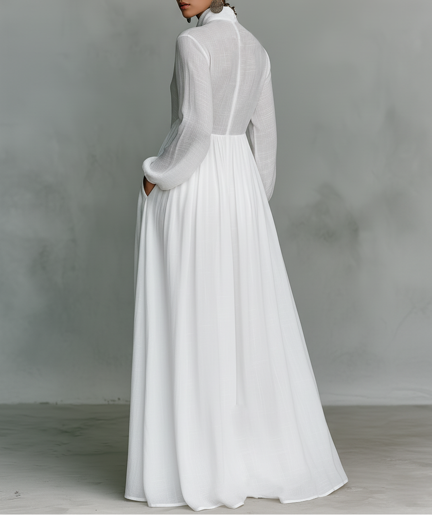 Crina | Rochie Maxi Minimalistă din Bumbac și In cu Patchwork, Gât Înalt și Mâneci Lungi