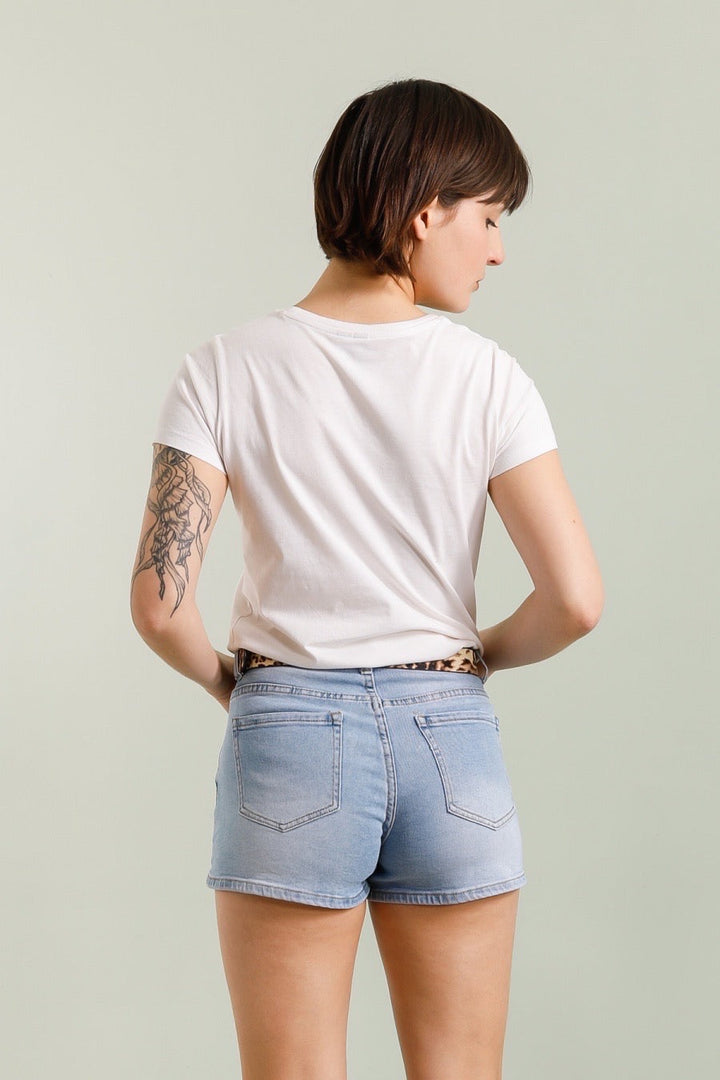 Leopard Belt Denim Short - Light Blue