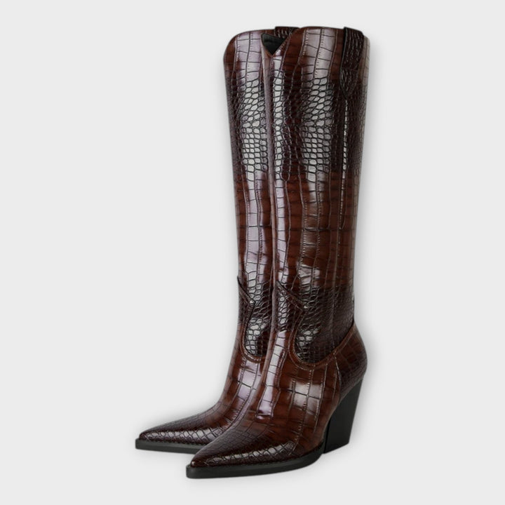 Miryana - Botine cu Model Croco și Toc Elegant