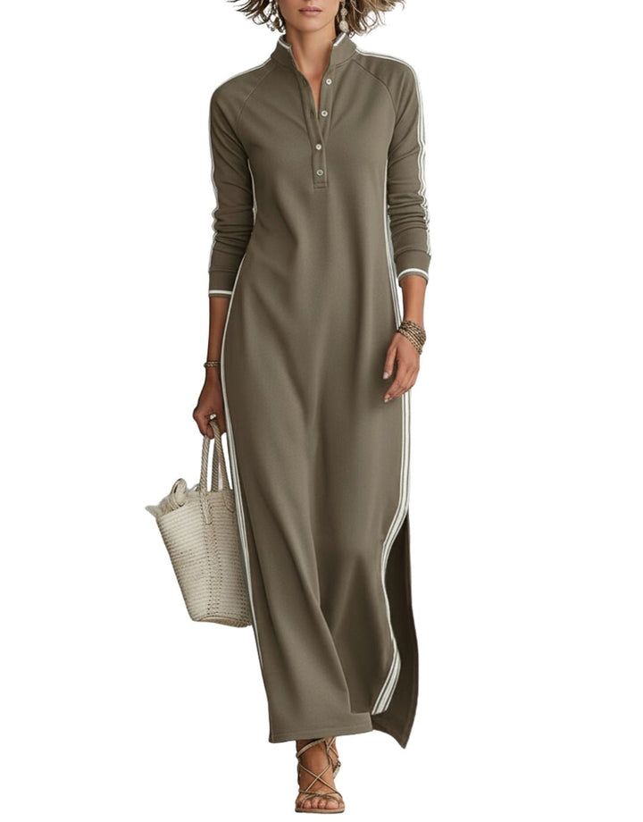 Andreea - Rochie Maxi Casual cu Guler cu Nasturi